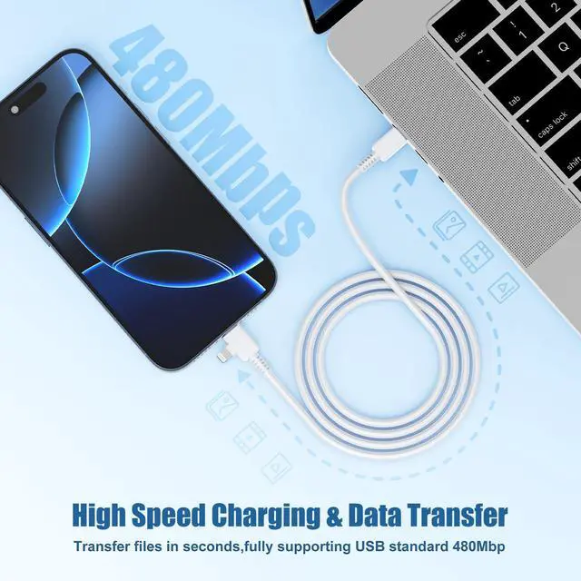 Alt view image 6 of 7 - 2 in 1 iPhone Fast Charger Cable 10ft, Long USB C to C Charging Cord/Type C to Lightning for Apple iPhone 17 Pro Max/17 Air/16 Pro/16e/15 Plus/14/13/12 Mini/11/XS/XR/X/8/7 Plus/6S/iPad/MacBook Pro