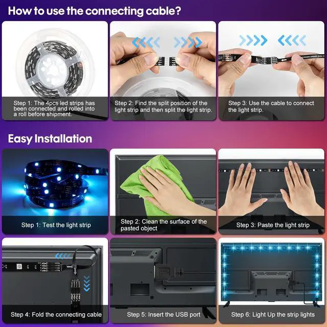 Alt view image 4 of 6 - USB LED Strip Lights Kit, 4 Pre-Cut 1.64ft/6.56ft RGB LED Light Strips, Color Changing TV Backlights with Remote, RGB 5050 Bias Lighting for TV, PC, Monitor, Home Theater, DIY Decoration