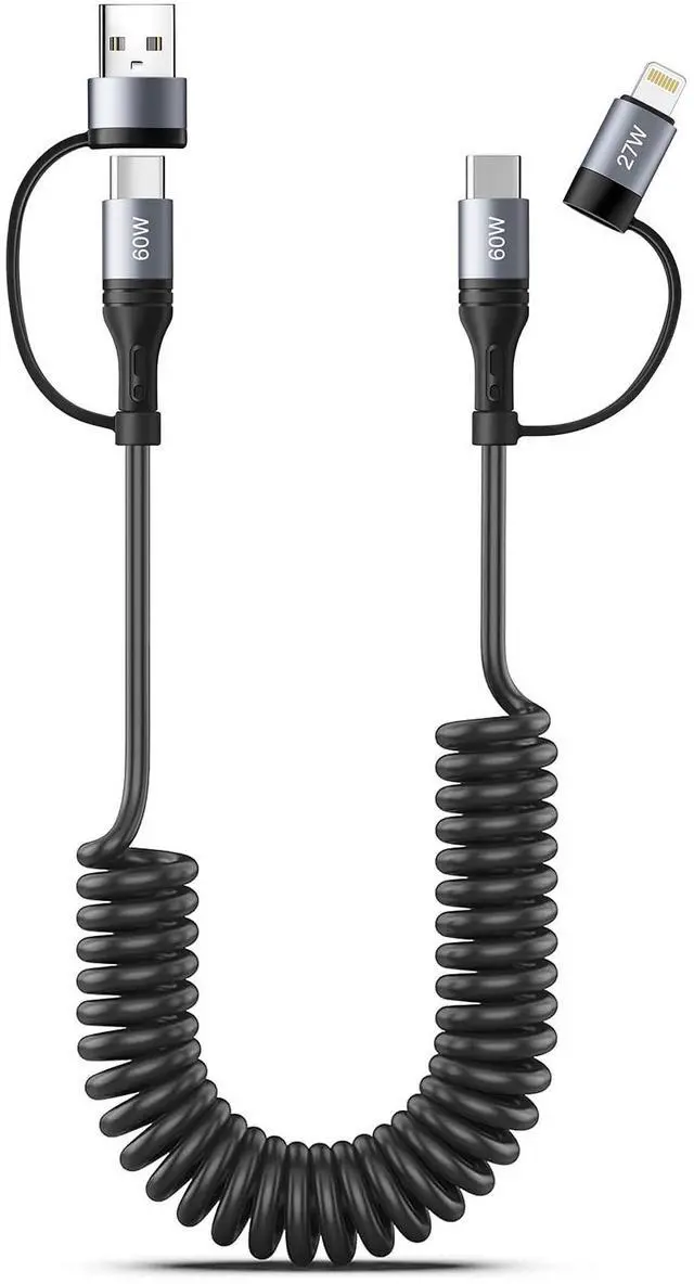 Main image of Coiled Lightning Cable 4 in 1 4FT Multi Charging Cable 60W Fast Charging Retractable Car Charger Cord for iPhone 17/16/15/14/13/12/11 Pro Max/XS MAX/XR/XS/X/8/7/6 Plus/iPad/AirPods/MacBook/CarPlay