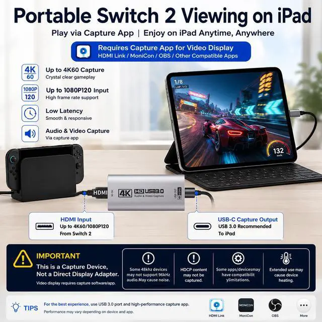 Alt view image 2 of 7 - HDMI Capture Card 4K@60FPS, 2K@144FPS USB 3.0 HDMI to USB C/A Video Capture Card for Streaming, Works with iPad, Switch 2/1, PS5/4, Xbox, Quest 3, Mac OS, Windows, Zoom, OBS, Camera