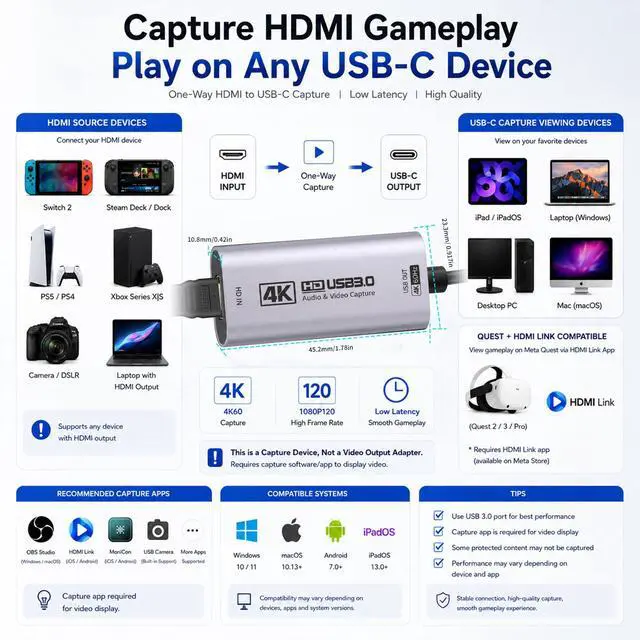 Alt view image 3 of 7 - HDMI Capture Card 4K@60FPS, 2K@144FPS USB 3.0 HDMI to USB C/A Video Capture Card for Streaming, Works with iPad, Switch 2/1, PS5/4, Xbox, Quest 3, Mac OS, Windows, Zoom, OBS, Camera