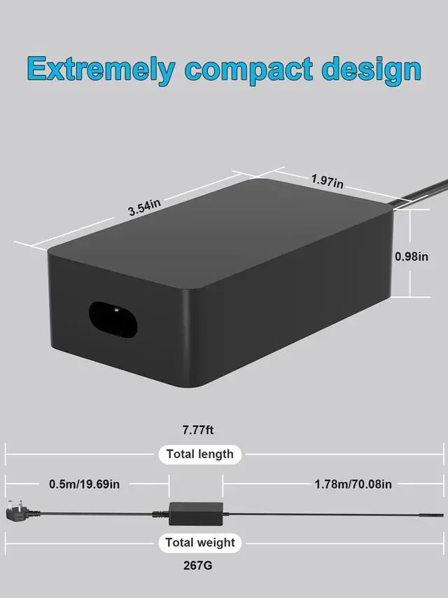 Alt view image 4 of 7 - 65W Surface Charger Compatible with Microsoft Surface Pro 10 9 8 7+ 7 6 5 4 3 X Surface Laptop 7 6 5 4 3 2 1 Surface Book 3 2 1 Surface Go 4 3 2 1 Tablet Windows Replacement Adapter