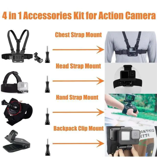 Alt view image 2 of 7 - Accessories Kit for Action Camera, Chest Strap Harness + Head Strap Mount + 360° Rotating Hand Strap Mount and Backpack Clip Holder, 4 in 1 Universal Adjustable Sport Camera Accessories Kit