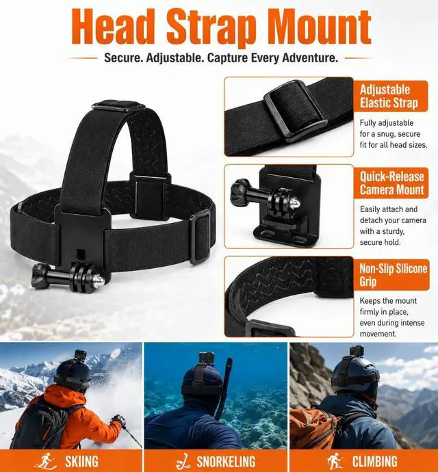 Alt view image 4 of 7 - Accessories Kit for Action Camera, Chest Strap Harness + Head Strap Mount + 360° Rotating Hand Strap Mount and Backpack Clip Holder, 4 in 1 Universal Adjustable Sport Camera Accessories Kit