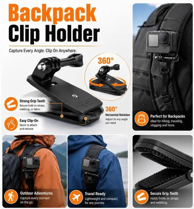 Alt view image 6 of 7 - Accessories Kit for Action Camera, Chest Strap Harness + Head Strap Mount + 360° Rotating Hand Strap Mount and Backpack Clip Holder, 4 in 1 Universal Adjustable Sport Camera Accessories Kit