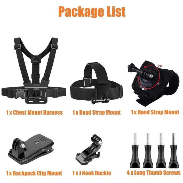 Alt view image 7 of 7 - Accessories Kit for Action Camera, Chest Strap Harness + Head Strap Mount + 360° Rotating Hand Strap Mount and Backpack Clip Holder, 4 in 1 Universal Adjustable Sport Camera Accessories Kit