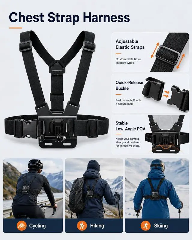 Alt view image 3 of 7 - Accessories Kit for Action Camera, Chest Strap Harness + Head Strap Mount + 360° Rotating Hand Strap Mount and Backpack Clip Holder, 4 in 1 Universal Adjustable Sport Camera Accessories Kit