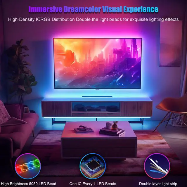 Alt view image 4 of 7 - LED Lights for TV 40-60 Inch, 10FT (1 Roll of 10ft) ICRGB TV LED Backlight Kit with Bluetooth APP & 24 Keys Remote, Music Sync Lights Behind, USB Cable Powered, Not Waterproof