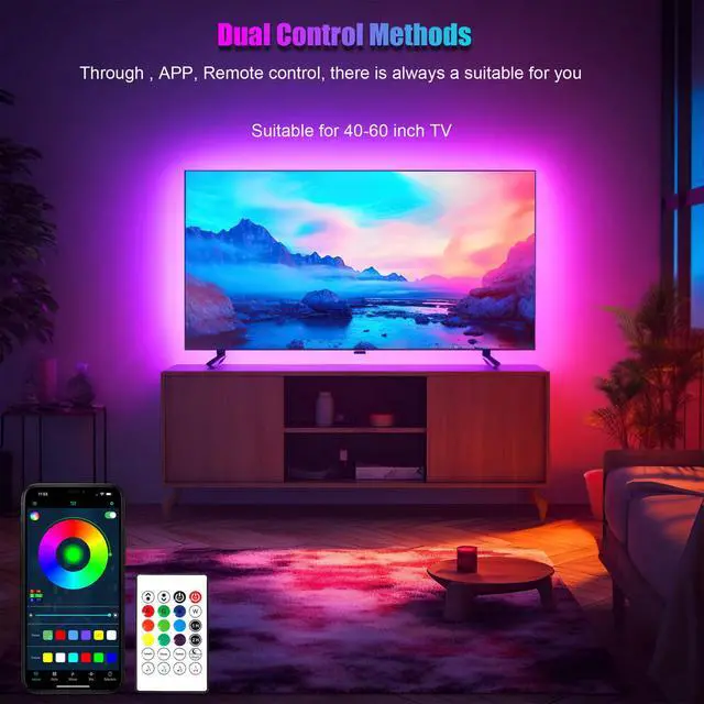 Alt view image 3 of 7 - LED Lights for TV 40-60 Inch, 10FT (1 Roll of 10ft) ICRGB TV LED Backlight Kit with Bluetooth APP & 24 Keys Remote, Music Sync Lights Behind, USB Cable Powered, Not Waterproof