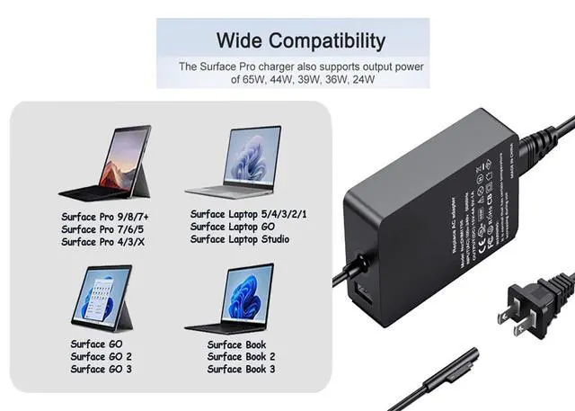 Alt view image 2 of 7 - 65W Surface Pro Charger, Surface Laptop Charger Compatible with Microsoft Surface Pro 11/10/9/8/7+/7/6/5/4/3/X, Power Supply Adapter for Windows Surface Laptop 7/6/5/4/3/2/1, Go Tablet, Book 3/2/1