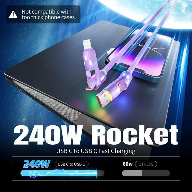 Alt view image 3 of 7 - 240W USB C Cable,4 in 1 Charging Cable Fast Charging & Data Sync,Multi USB Charging Cable with Breathing Light,Charger Cord for iPhone 16/15 14 13 iPad Samsung Galaxy MacBook iPad Tablets,Purple 5Ft