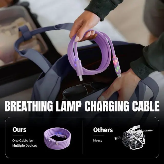 Alt view image 5 of 7 - 240W USB C Cable,4 in 1 Charging Cable Fast Charging & Data Sync,Multi USB Charging Cable with Breathing Light,Charger Cord for iPhone 16/15 14 13 iPad Samsung Galaxy MacBook iPad Tablets,Purple 5Ft