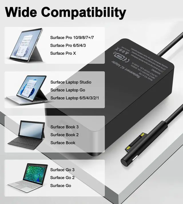 Alt view image 2 of 7 - 65W Surface Charger Compatible with Microsoft Surface Pro 11,10,9,8,7+,7,6,5,4,3,X, Windows Surface Laptop 6,5,4,3,2,1,Studio, Surface Book 3,2,1, Surface Go 3,2,1,Tablet, Support 44W, 36W
