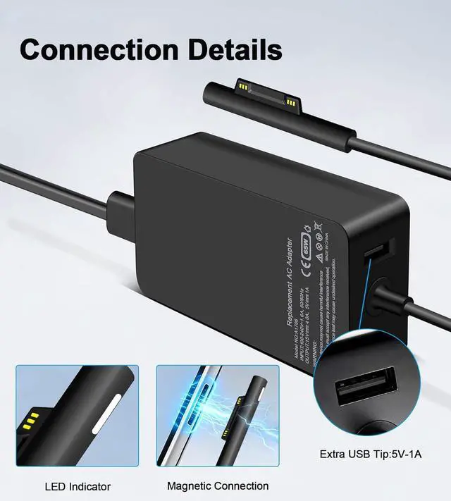 Alt view image 6 of 7 - 65W Surface Charger Compatible with Microsoft Surface Pro 11,10,9,8,7+,7,6,5,4,3,X, Windows Surface Laptop 6,5,4,3,2,1,Studio, Surface Book 3,2,1, Surface Go 3,2,1,Tablet, Support 44W, 36W