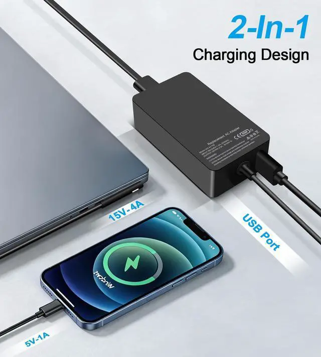 Alt view image 5 of 7 - 65W Surface Charger Compatible with Microsoft Surface Pro 11,10,9,8,7+,7,6,5,4,3,X, Windows Surface Laptop 6,5,4,3,2,1,Studio, Surface Book 3,2,1, Surface Go 3,2,1,Tablet, Support 44W, 36W