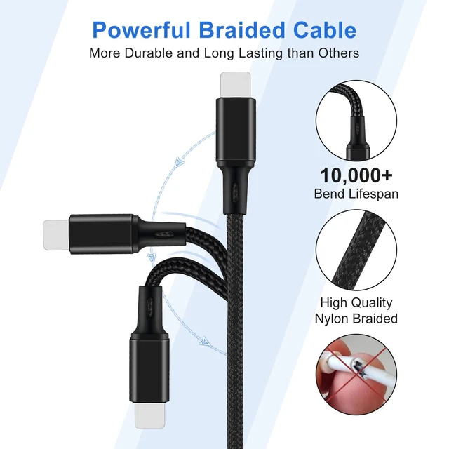 Alt view image 2 of 7 - Multi Charging Cable,USB C to 4 in 1 Nylon Braided Dual Lightning/Type C/Micro USB Port Fast Charger Cord for iPhone 17 16 15 14 13 12 Pro Max,Galaxy S25/S24/S23,Cell Phones Tablets and More