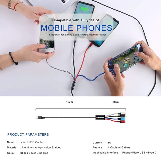 Alt view image 4 of 7 - Multi Charging Cable,USB C to 4 in 1 Nylon Braided Dual Lightning/Type C/Micro USB Port Fast Charger Cord for iPhone 17 16 15 14 13 12 Pro Max,Galaxy S25/S24/S23,Cell Phones Tablets and More