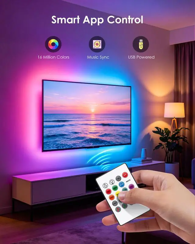 Alt view image 4 of 7 - LED Lights for TV, 16.4ft RGB TV Backlight for 45-75 Inch TVs, Bluetooth APP & 20-Key Remote Control, Music Sync 5050 RGB LED Strip Lights USB Powered, Ambient Lighting for Bedroom Gaming Room
