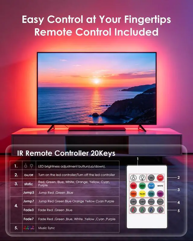 Alt view image 3 of 7 - LED Lights for TV, 16.4ft RGB TV Backlight for 45-75 Inch TVs, Bluetooth APP & 20-Key Remote Control, Music Sync 5050 RGB LED Strip Lights USB Powered, Ambient Lighting for Bedroom Gaming Room