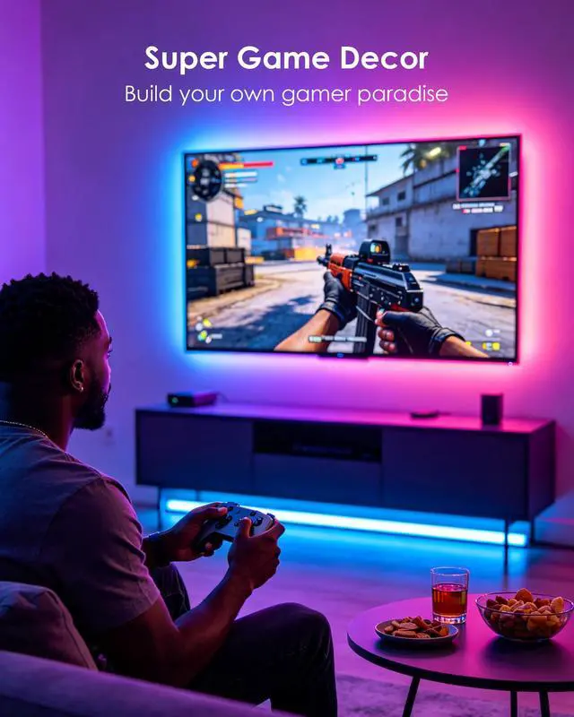 Alt view image 5 of 7 - LED Lights for TV, 16.4ft RGB TV Backlight for 45-75 Inch TVs, Bluetooth APP & 20-Key Remote Control, Music Sync 5050 RGB LED Strip Lights USB Powered, Ambient Lighting for Bedroom Gaming Room