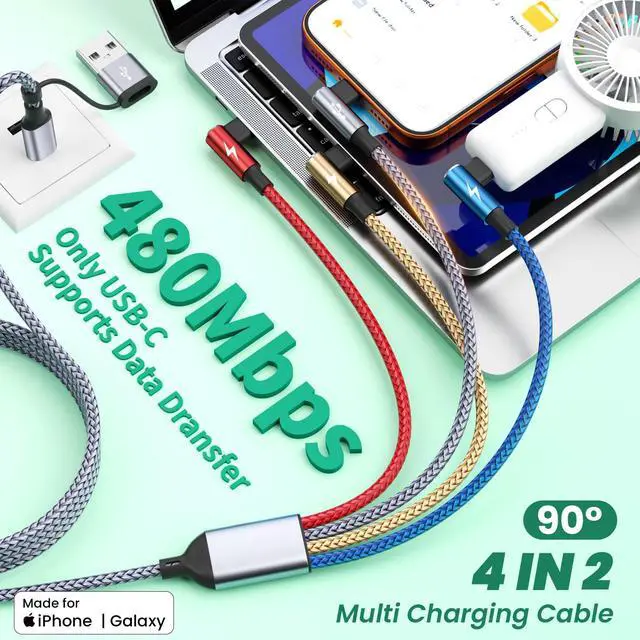 Alt view image 4 of 7 - USB C Splitter Multi Charging Cable, Right Angle USB A/C to USB C Cable,4 in 2 Multiple Nylon Braided Car Charger Cord with 4 Type-C Connectors Compatible with iPhone 17 16 Pro Max/Tablets-1Pack 5Ft.