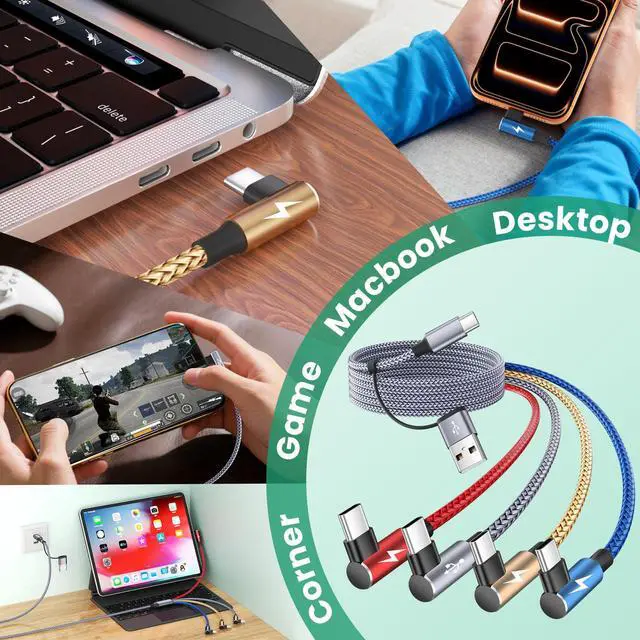 Alt view image 6 of 7 - USB C Splitter Multi Charging Cable, Right Angle USB A/C to USB C Cable,4 in 2 Multiple Nylon Braided Car Charger Cord with 4 Type-C Connectors Compatible with iPhone 17 16 Pro Max/Tablets-1Pack 5Ft.