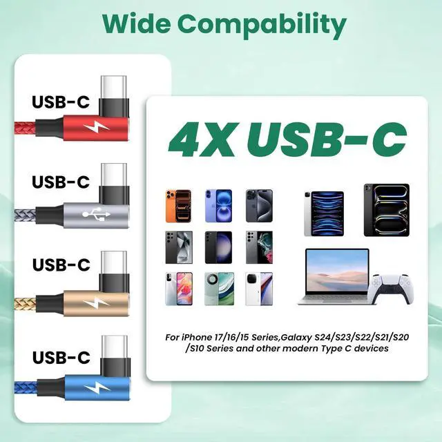 Alt view image 7 of 7 - USB C Splitter Multi Charging Cable, Right Angle USB A/C to USB C Cable,4 in 2 Multiple Nylon Braided Car Charger Cord with 4 Type-C Connectors Compatible with iPhone 17 16 Pro Max/Tablets-1Pack 5Ft.