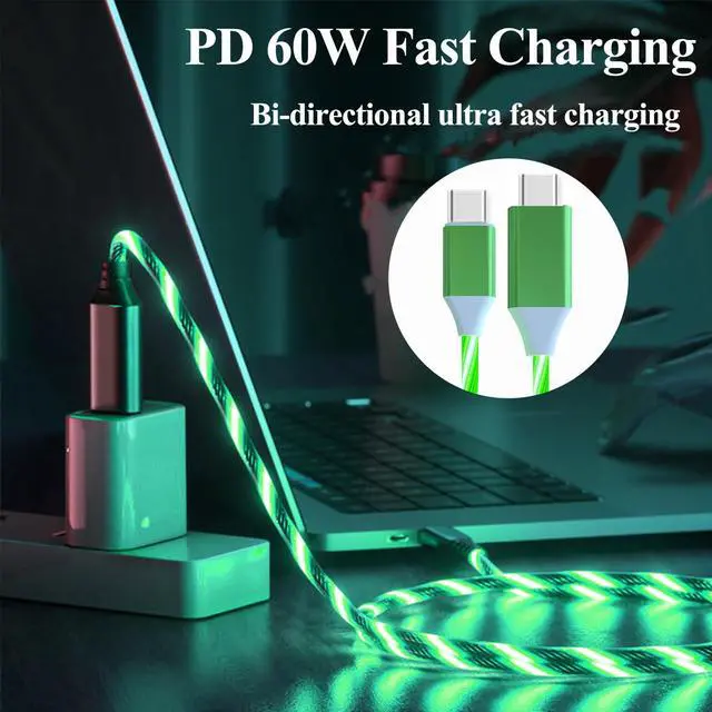 Alt view image 2 of 5 - 3.3FT 60W/3A Light up USB C to USB C Cable Fast Charging Cable LED Type C Charger Cord for iPhone 15 Series,MacBook Air,iPad Pro,Pixel,Samsung Galaxy S23/S24(Green)