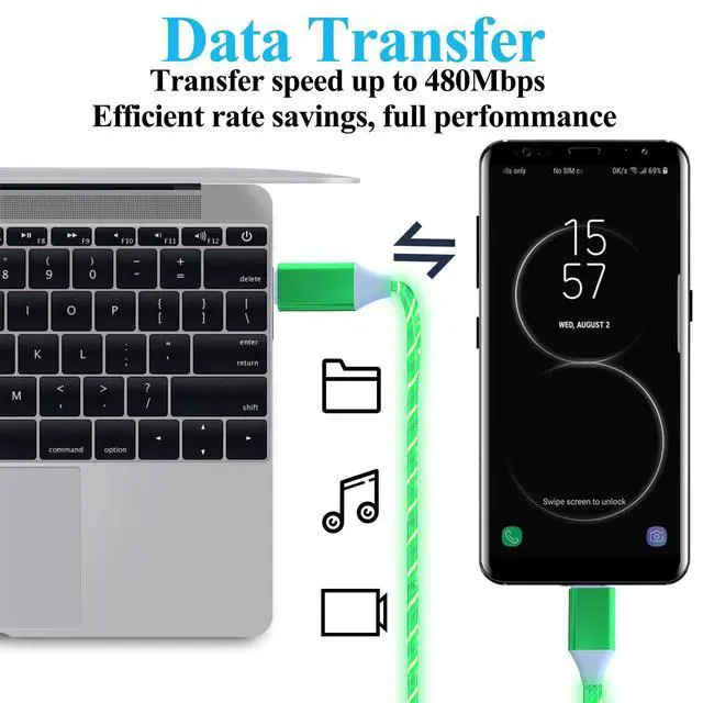 Alt view image 3 of 5 - 3.3FT 60W/3A Light up USB C to USB C Cable Fast Charging Cable LED Type C Charger Cord for iPhone 15 Series,MacBook Air,iPad Pro,Pixel,Samsung Galaxy S23/S24(Green)