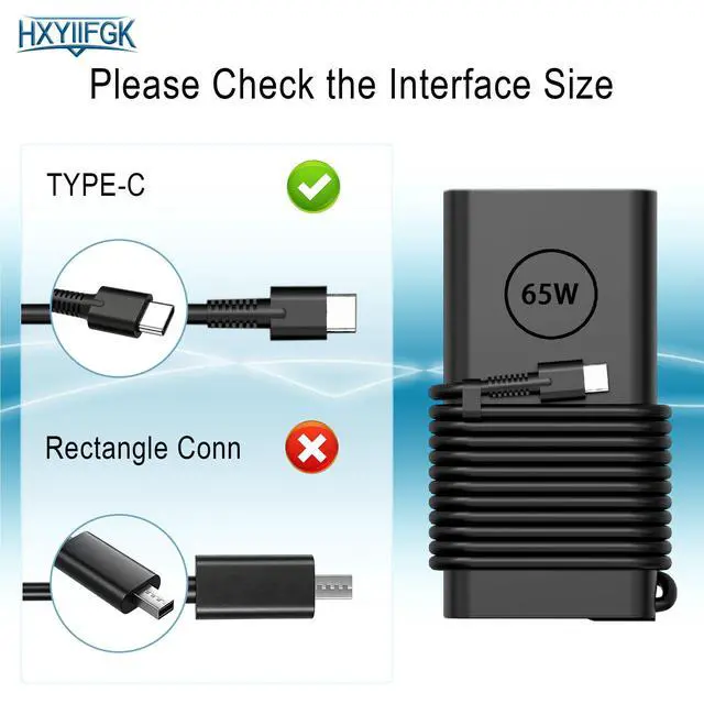 Alt view image 2 of 7 - 65W USB C Laptop Charger Compatible with Dell Laptop Charger Latitude 5400 5420 5450 5520 5530 5540 5550 7420 7440 Inspiron 14 16 XPS 13 chromebook 3100 Computer Type C AC Adapter Power Cord Supply