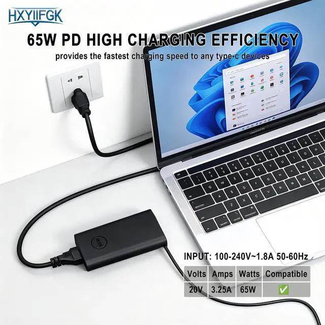 Alt view image 5 of 7 - 65W USB C Laptop Charger Compatible with Dell Laptop Charger Latitude 5400 5420 5450 5520 5530 5540 5550 7420 7440 Inspiron 14 16 XPS 13 chromebook 3100 Computer Type C AC Adapter Power Cord Supply