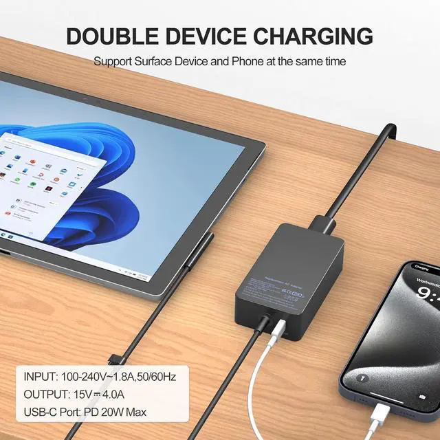 Alt view image 2 of 7 - 65W Surface Laptop Charger for Microsoft Surface Pro 11/10/9/8/7/7+/6/5/4/3/X, Surface Laptop 7/6/5/4/3/2, Surface Go 4/3/2, Surface Book 3/2/1,Surface Pro Charger 9ft