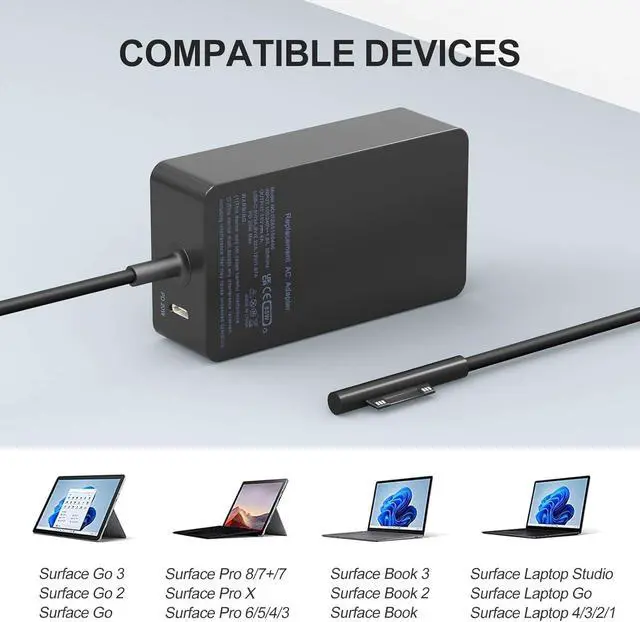 Alt view image 3 of 7 - 65W Surface Laptop Charger for Microsoft Surface Pro 11/10/9/8/7/7+/6/5/4/3/X, Surface Laptop 7/6/5/4/3/2, Surface Go 4/3/2, Surface Book 3/2/1,Surface Pro Charger 9ft