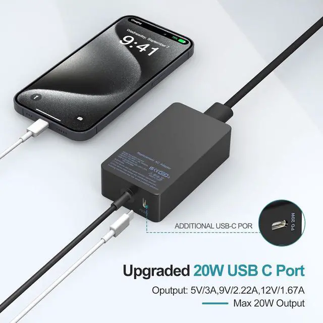 Alt view image 4 of 7 - 65W Surface Laptop Charger for Microsoft Surface Pro 11/10/9/8/7/7+/6/5/4/3/X, Surface Laptop 7/6/5/4/3/2, Surface Go 4/3/2, Surface Book 3/2/1,Surface Pro Charger 9ft