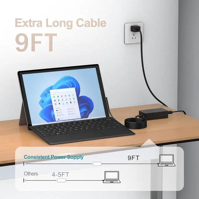 Alt view image 6 of 7 - 65W Surface Laptop Charger for Microsoft Surface Pro 11/10/9/8/7/7+/6/5/4/3/X, Surface Laptop 7/6/5/4/3/2, Surface Go 4/3/2, Surface Book 3/2/1,Surface Pro Charger 9ft