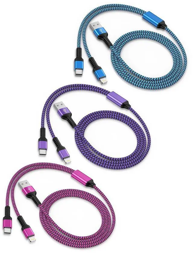 Main image of 3Pack-4FT Apple & Android USB to Lightning & USB-C 2-in-1 Fast Charger Cable for iPhone 17e 17 17Pro 16e 16 15 14 Pro Max Plus 13 12, Samsung Galaxy A17, Google Pixel 10, Multi USBC Lighting USB Cord