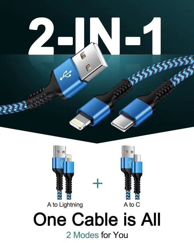 Alt view image 2 of 7 - 3Pack-4FT Apple & Android USB to Lightning & USB-C 2-in-1 Fast Charger Cable for iPhone 17e 17 17Pro 16e 16 15 14 Pro Max Plus 13 12, Samsung Galaxy A17, Google Pixel 10, Multi USBC Lighting USB Cord