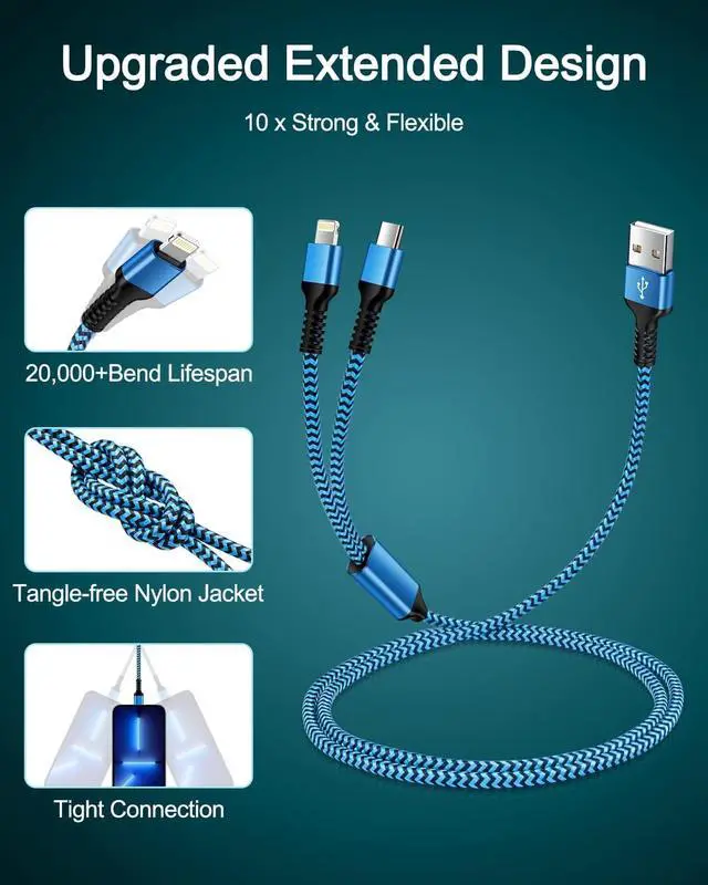 Alt view image 5 of 7 - 3Pack-4FT Apple & Android USB to Lightning & USB-C 2-in-1 Fast Charger Cable for iPhone 17e 17 17Pro 16e 16 15 14 Pro Max Plus 13 12, Samsung Galaxy A17, Google Pixel 10, Multi USBC Lighting USB Cord