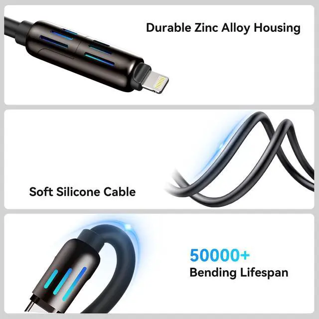 Alt view image 6 of 7 - 4 in 1 Charging Cable, MAX 240W 4 in 1 Charging Cable with USB A+Type C Multi Charger for iPhone 16 15 14 13, for Samsung Galaxy S25 S24, for MacBook, for iPad Tablets, 4ft/1.2m