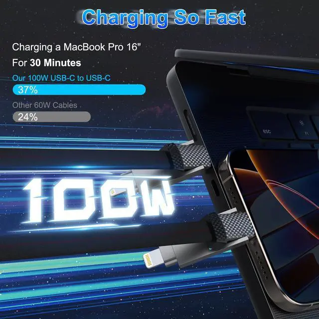 Alt view image 2 of 7 - 4-in-1 100W USB C Cable Lightning Charging Cable - 6FT Flat Braided Multi iPhone iPad Charger Cord with Lightning, USB-C for iPhone 15/16, Samsung, iPad, MacBook - Supports CarPlay and Android Auto