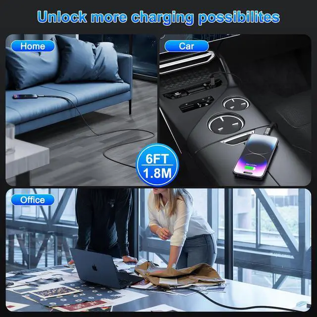 Alt view image 6 of 7 - 4-in-1 100W USB C Cable Lightning Charging Cable - 6FT Flat Braided Multi iPhone iPad Charger Cord with Lightning, USB-C for iPhone 15/16, Samsung, iPad, MacBook - Supports CarPlay and Android Auto