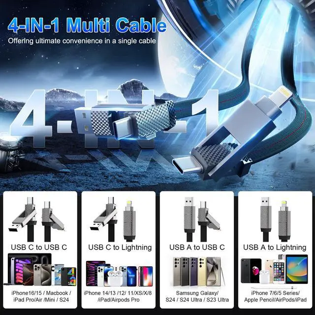 Alt view image 7 of 7 - 4-in-1 100W USB C Cable Lightning Charging Cable - 6FT Flat Braided Multi iPhone iPad Charger Cord with Lightning, USB-C for iPhone 15/16, Samsung, iPad, MacBook - Supports CarPlay and Android Auto