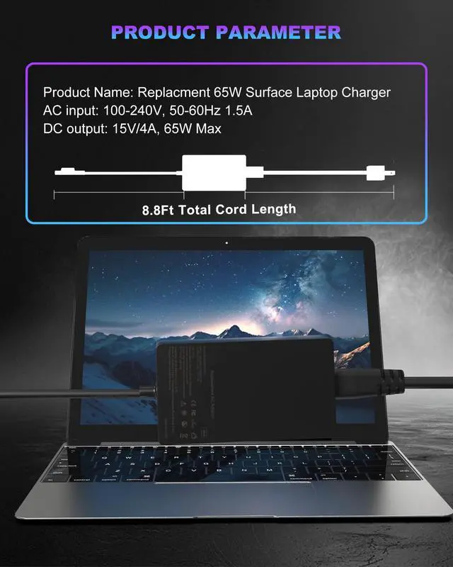 Alt view image 6 of 7 - 65W Surface Charger Compatible with Microsoft Surface Pro Laptop 11, 10, 9, 8, 7+, 7, 6, 5, 4, 3, X, Windows Surface Laptop 6, 5, 4, 3, 2, 1, Surface Go/Book 3, 2, 1, Microsoft Surface Power Supply