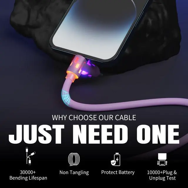 Alt view image 2 of 7 - 240W USB C Cable,4 in 1 Charging Cable Fast Charging & Data Sync,Multi USB Charging Cable with Breathing Light,Charger Cord for iPhone 16/15 14 13 iPad Samsung Galaxy MacBook iPad Tablets,Purple 5Ft