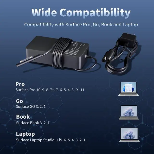 Alt view image 2 of 7 - 65W Surface Pro Charger, Compatible with Microsoft Surface Pro 11 10 9 8 7+ 7 6 5 4 3 X, Windows Surface Laptop 7 6 5 4 3 2 1, Go 4 3 2 1, Book 3 2 1, Replacement Tablet Power Supply