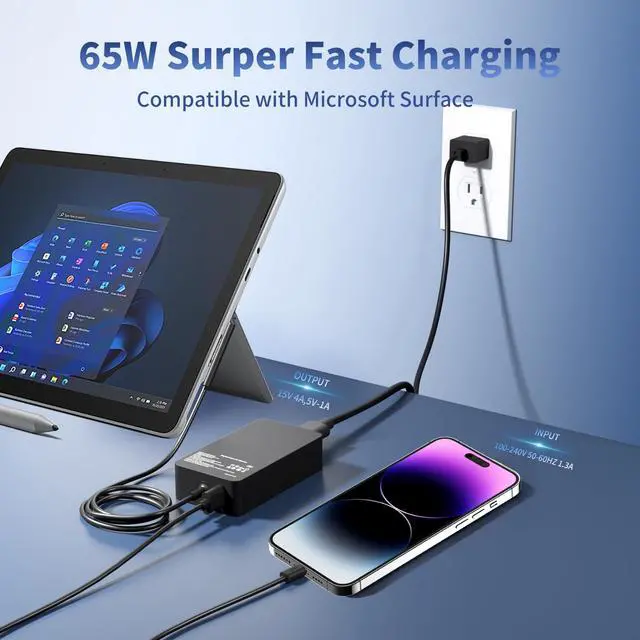 Alt view image 4 of 7 - 65W Surface Pro Charger, Compatible with Microsoft Surface Pro 11 10 9 8 7+ 7 6 5 4 3 X, Windows Surface Laptop 7 6 5 4 3 2 1, Go 4 3 2 1, Book 3 2 1, Replacement Tablet Power Supply