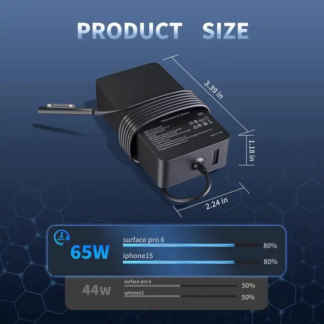 Alt view image 6 of 7 - 65W Surface Pro Charger, Compatible with Microsoft Surface Pro 11 10 9 8 7+ 7 6 5 4 3 X, Windows Surface Laptop 7 6 5 4 3 2 1, Go 4 3 2 1, Book 3 2 1, Replacement Tablet Power Supply