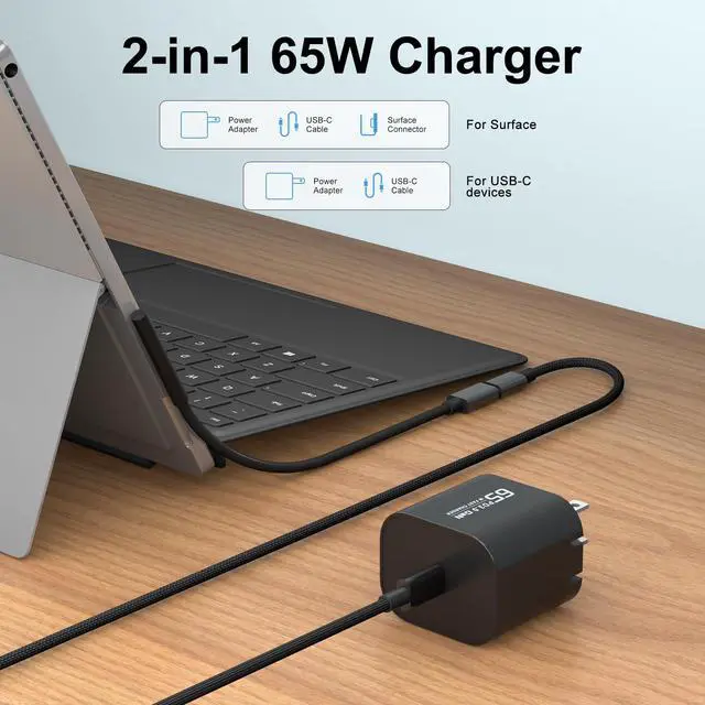 Alt view image 2 of 7 - 65W USB C Surface Pro Charger Compatible with Surface Pro 3/4/5/6/7/8/9/10/X/11/12,Surface Book1/2/3,Power Adapter Compatible with Microsoft Surface Laptop/Tablet,Support 44W 36W