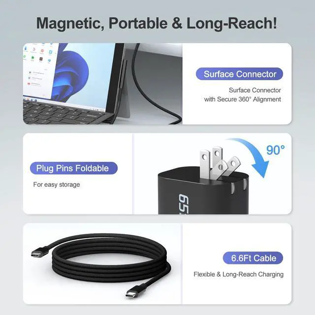 Alt view image 3 of 7 - 65W USB C Surface Pro Charger Compatible with Surface Pro 3/4/5/6/7/8/9/10/X/11/12,Surface Book1/2/3,Power Adapter Compatible with Microsoft Surface Laptop/Tablet,Support 44W 36W