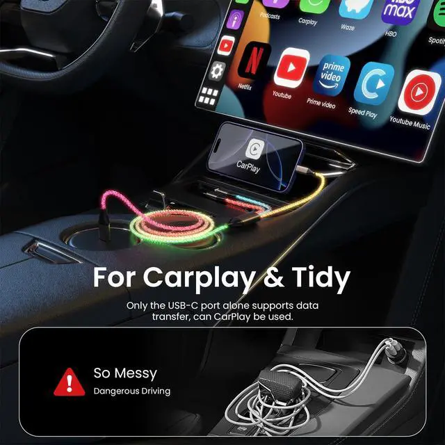 Alt view image 3 of 7 - Light Up Charging Cable 66W USB C 3 in 1 Charger Cable RGB LED Light Up Glowing Light Up Charging Cable iPhone Cord 4 FT Multi Cable with Light for iPhone 16/15/14/13/12Series/iPad Pro/Samsung/Pixel